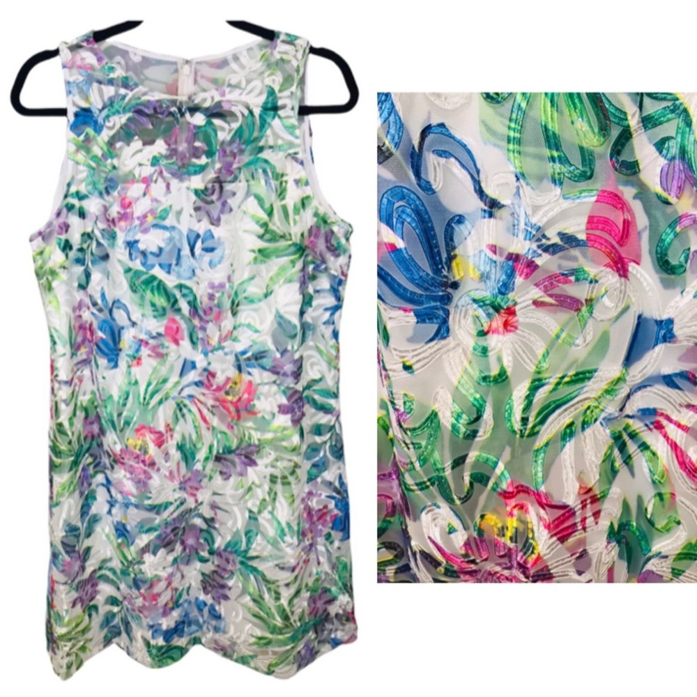 Tahari White Floral Embossed Sleeveless Midi Dress with Multicolor Print